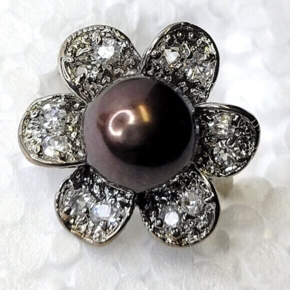 Genuine Brown Pearl and Swaroski Flower Ring Size 6 - Picture 2 of 12